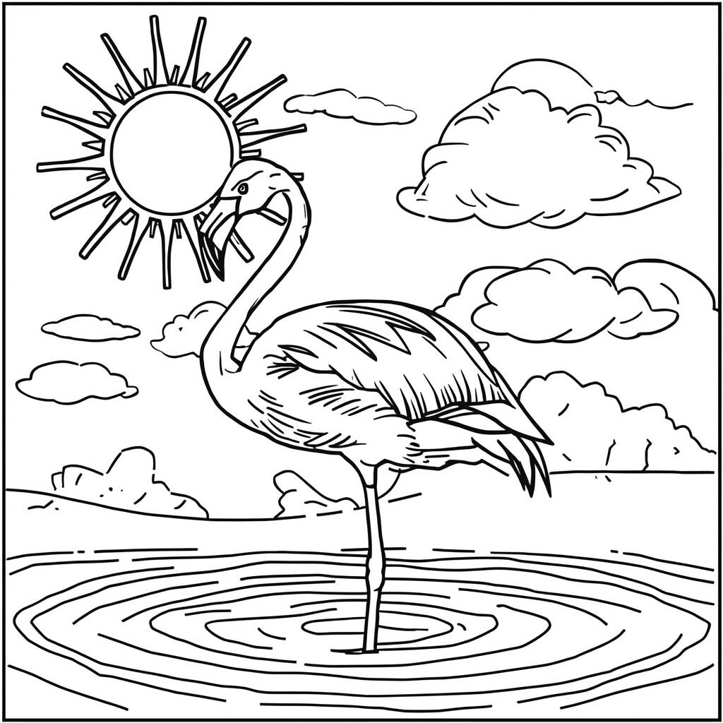 Flamingo e Sol Brilhante (Desenho para Colorir)
