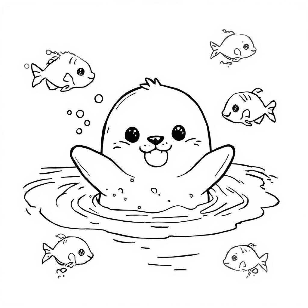 Foca Kawaii Brincando na Agua (Desenho para Colorir)