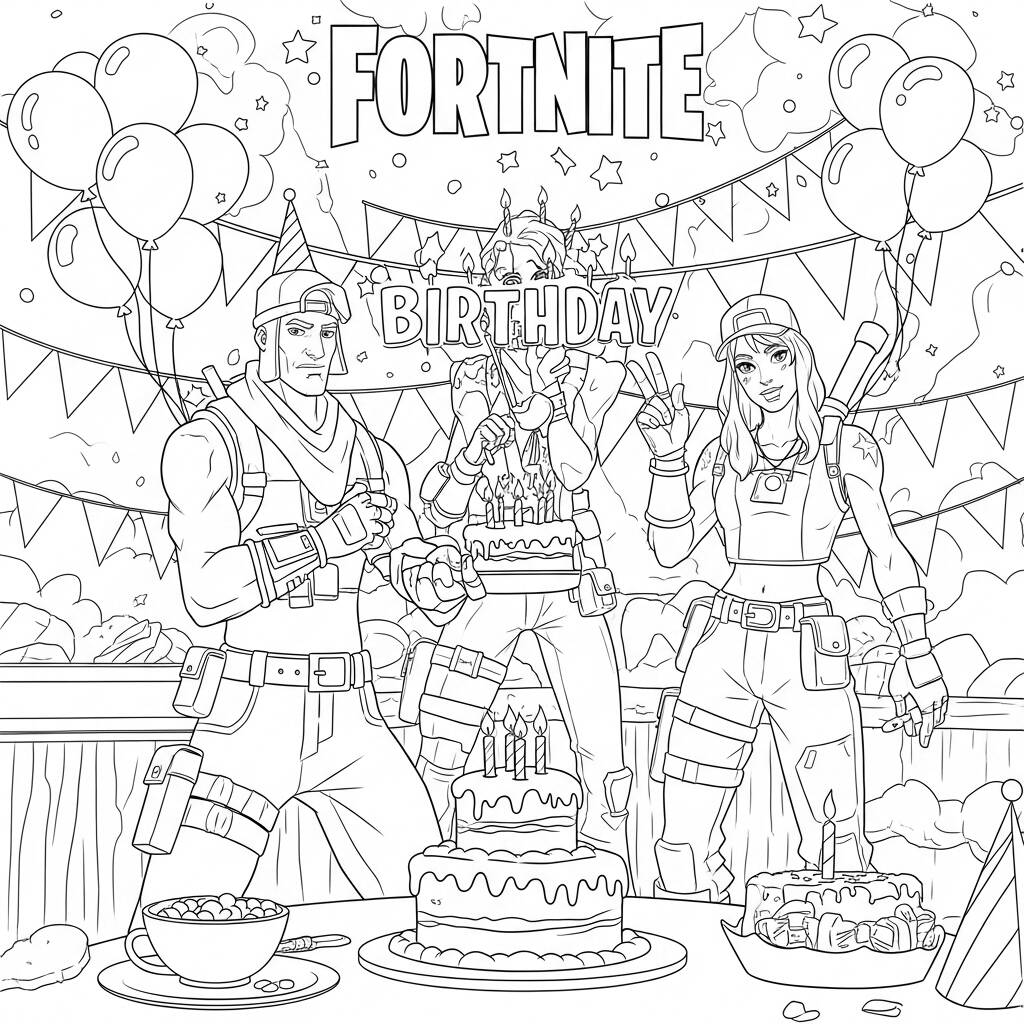 Fortnite Festa de Aniversario (Desenho para Colorir)