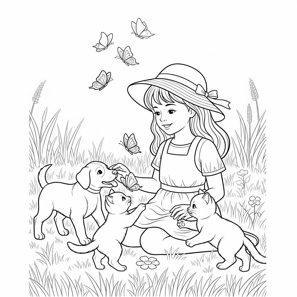Garota com Animais (Desenho para Colorir)