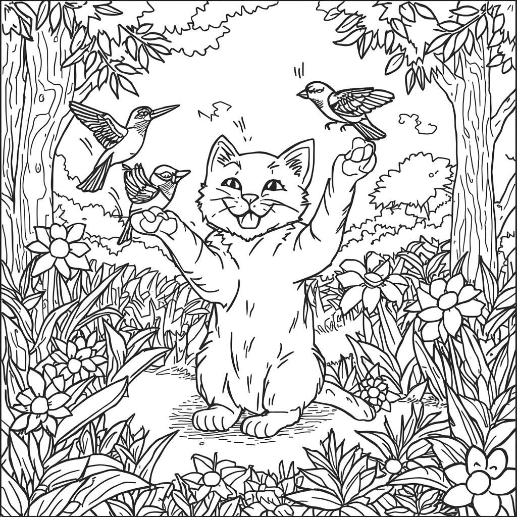 Gatinha e Passaros na Floresta (Desenho para Colorir)