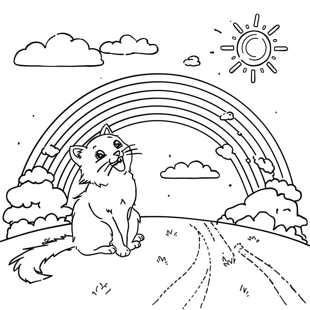 Gatinha e o Arco Iris (Desenho para Colorir)