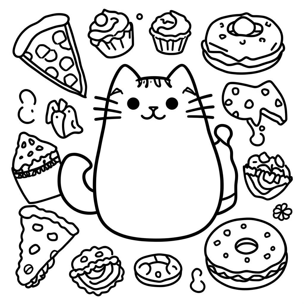Gato Pusheen com Lanches (Desenho para Colorir)