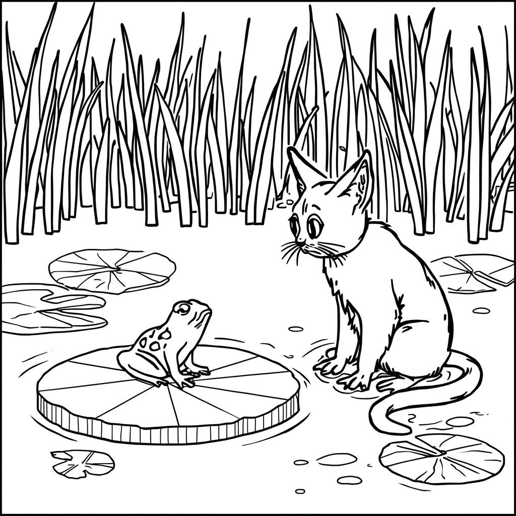 Gato e Sapo (Desenho para Colorir)