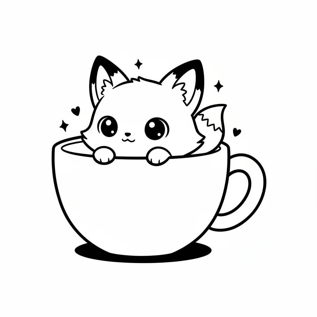 Gato fofo dentro de uma xícara para colorir