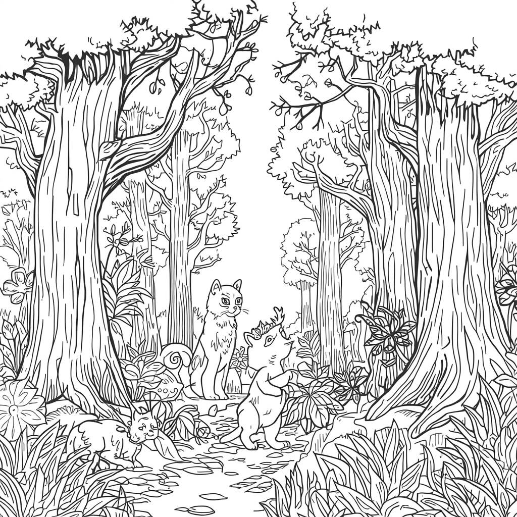 Gato na Floresta (Desenho para Colorir)