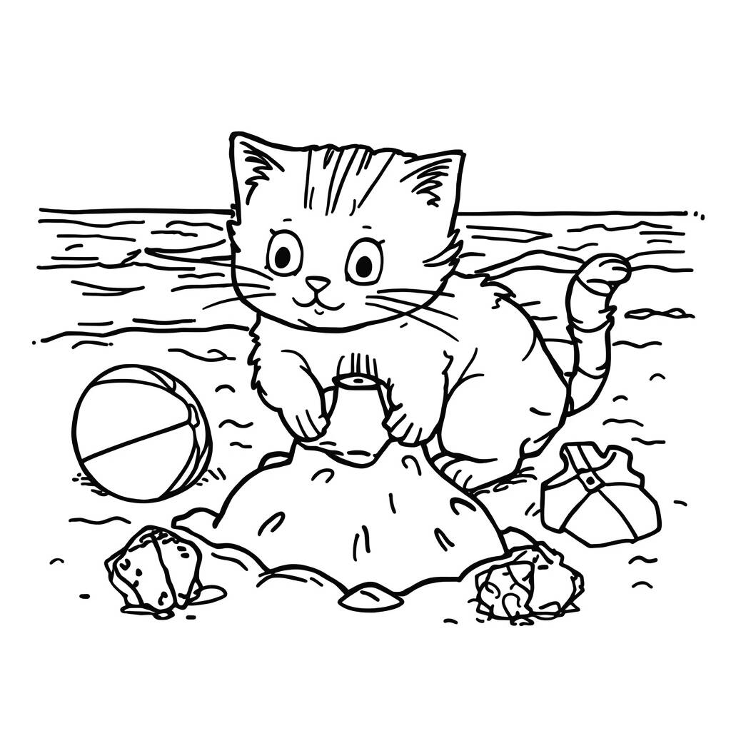 Gato na Praia (Desenho para Colorir)