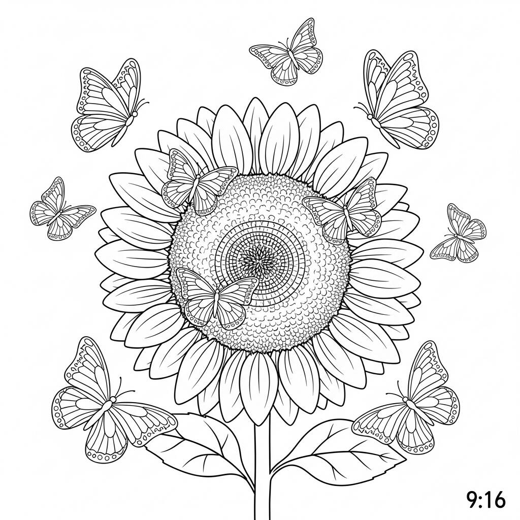 Girassol e Borboletas (Desenho para Colorir)