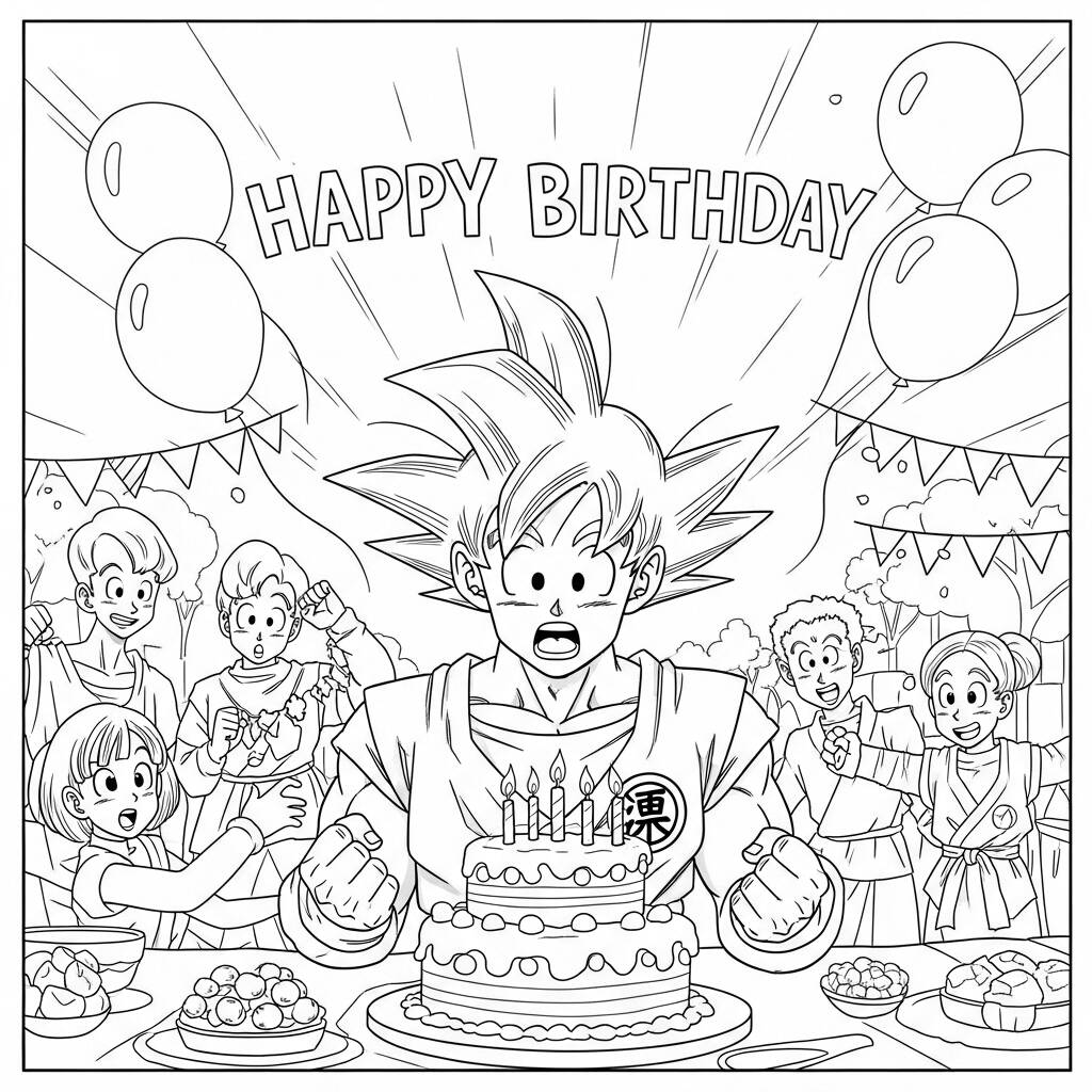 Goku em Festa de Aniversario (Desenho para Colorir)