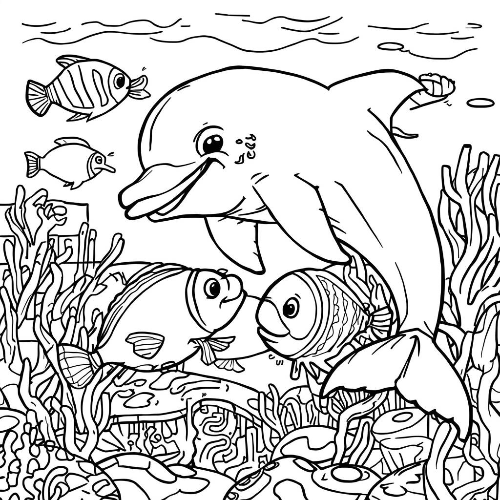 Golfinho Brincando com Peixes (Desenho para Colorir)