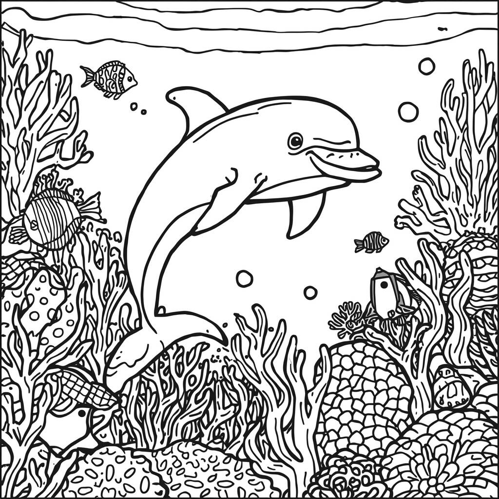 Golfinho com Corais Coloridos (Desenho para Colorir)