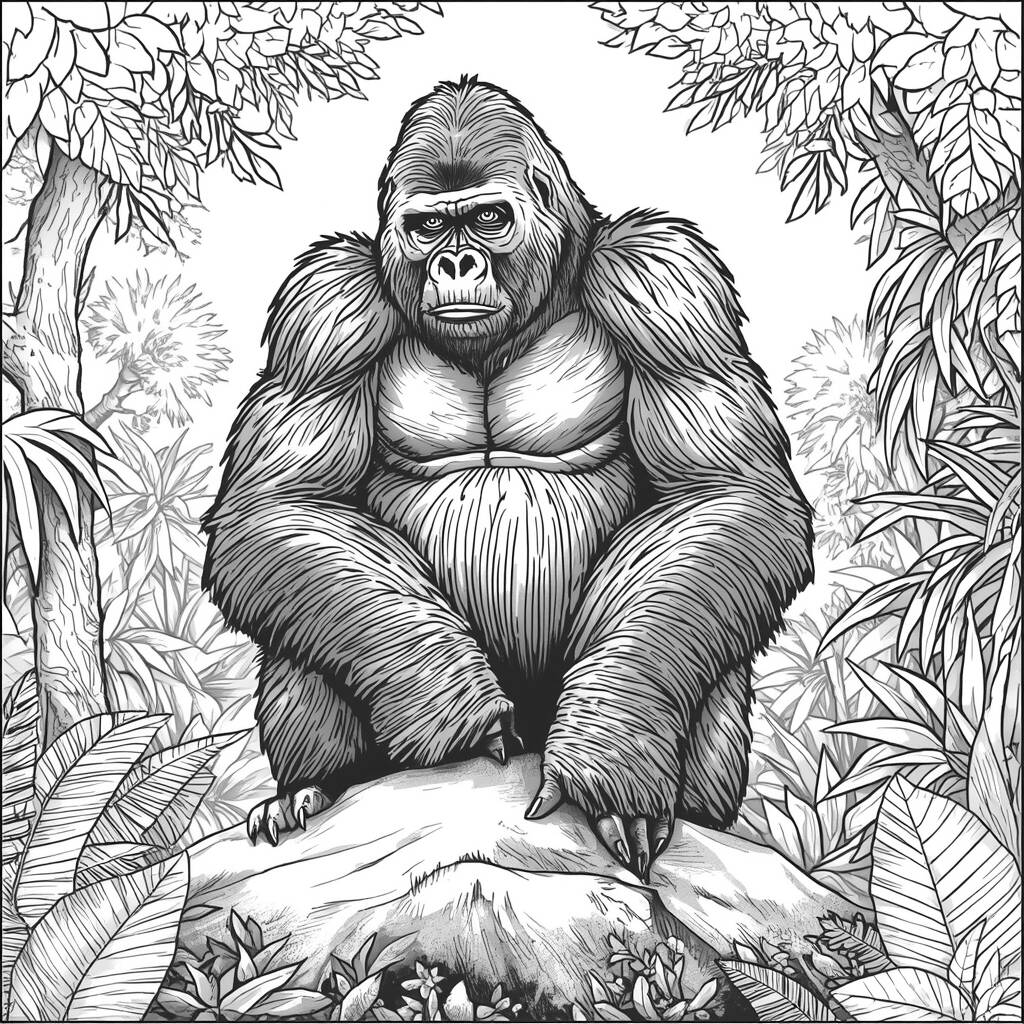 Gorila Realista na Floresta (Desenho para Colorir)