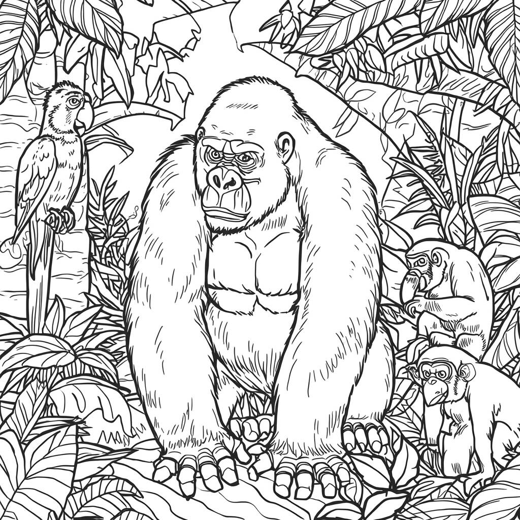 Gorila e Animais da Floresta (Desenho para Colorir)
