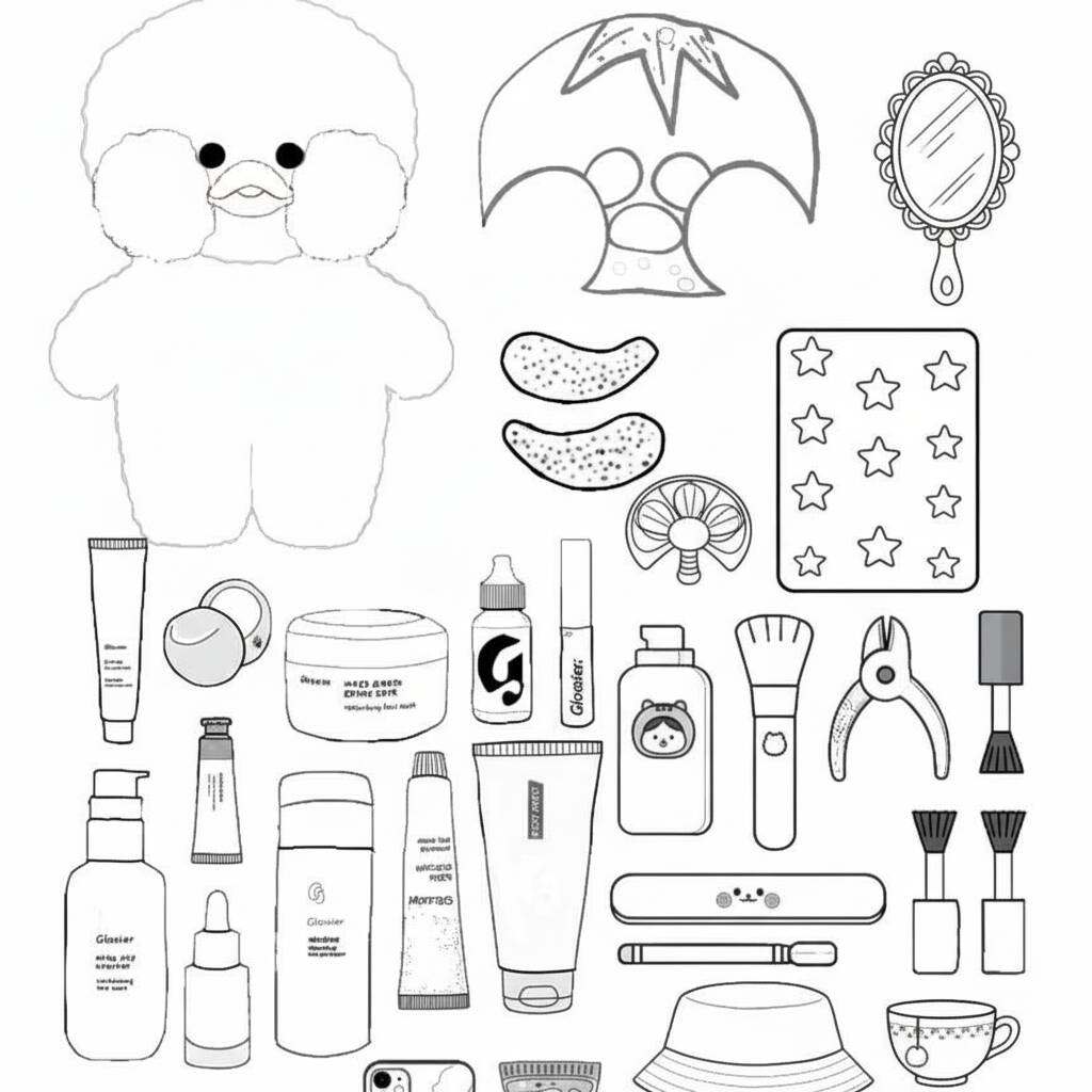 Ilustração de Paper Duck com itens de beleza para colorir