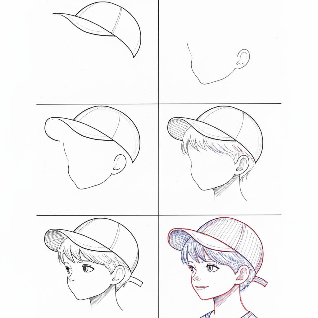 Instruções ilustradas para desenhar um boné passo a passo