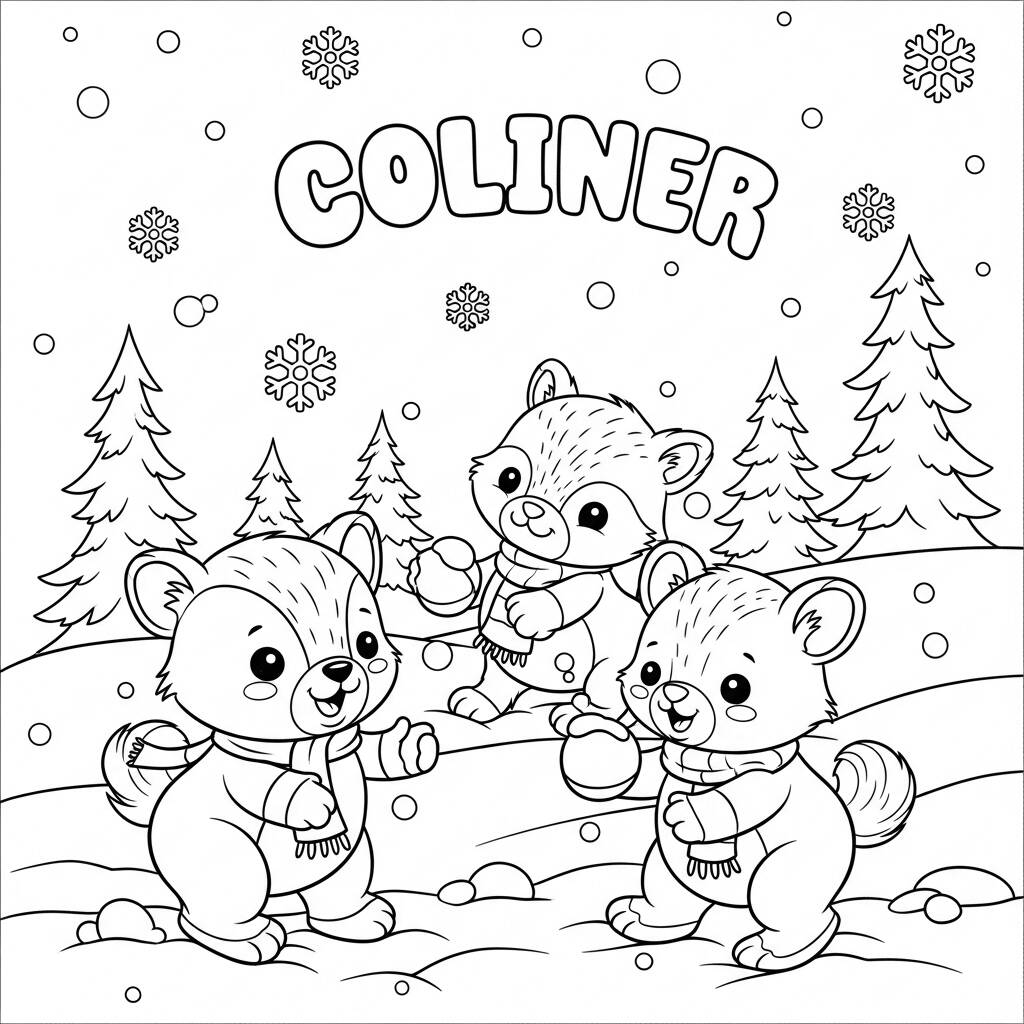 Inverno Animais Brincando (Desenho para Colorir)