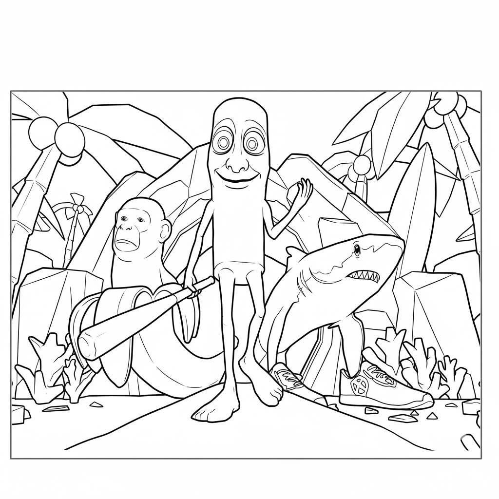 Italian Brainrot com Monstro Maluco e Tubarão Engraçado (Desenho para Colorir)