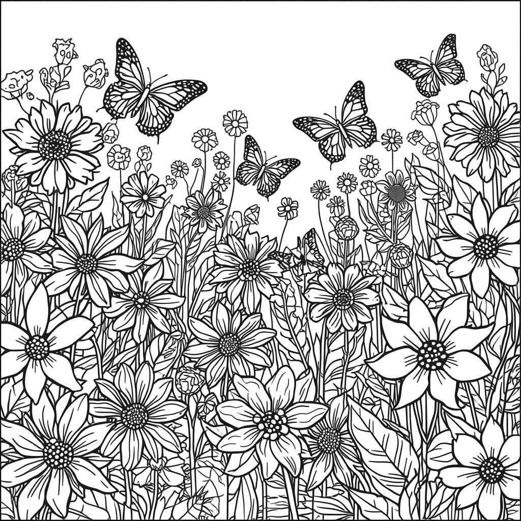 Jardim de Borboletas e Flores (Desenho para Colorir)