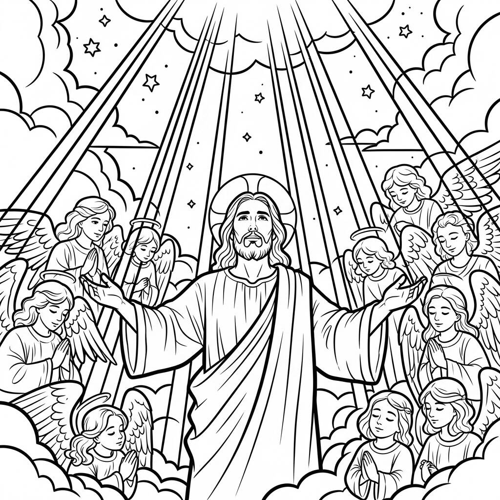 Jesús y los ángeles (página para colorear)
