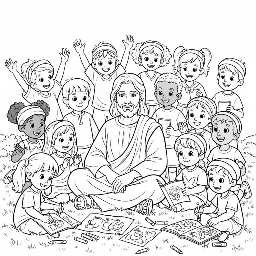 Jesús y los niños (página para colorear)