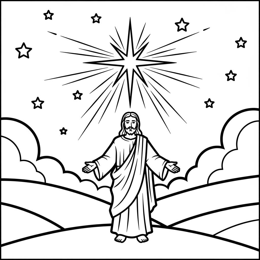 Jesús y la estrella (Página para colorear)