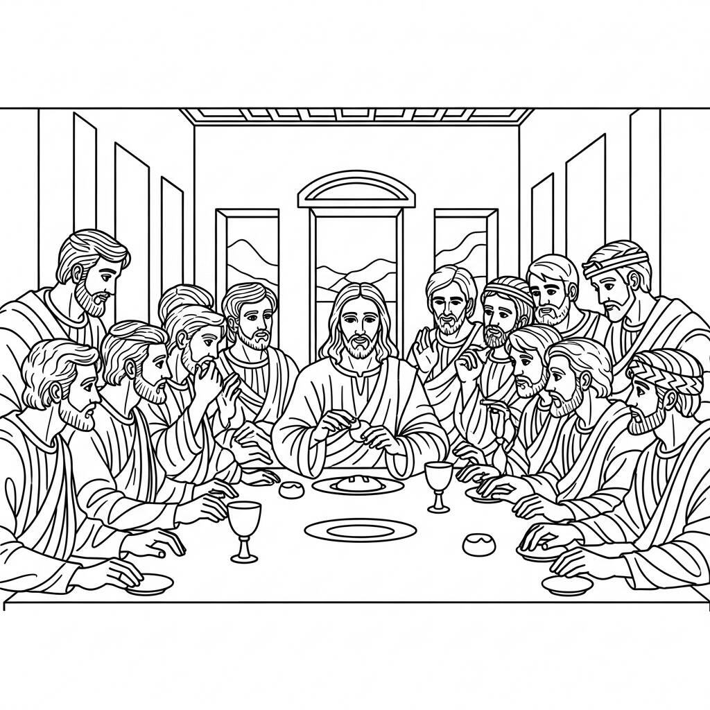 Jesús y la Última Cena (Página para colorear)