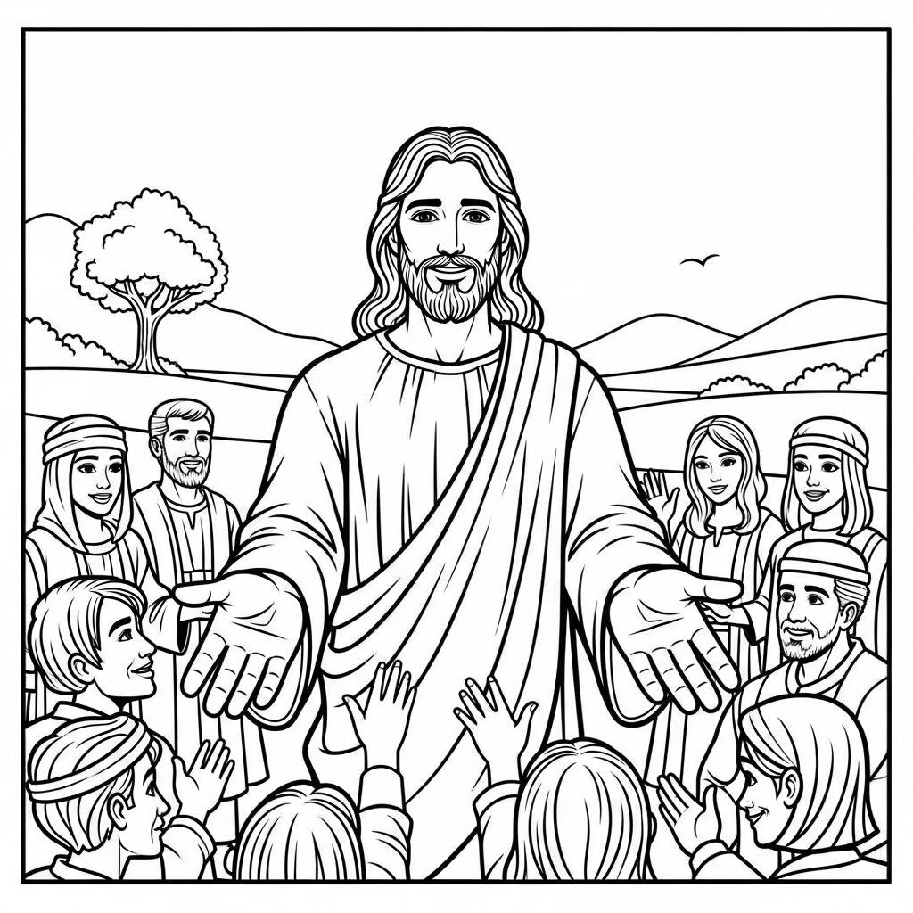 Jesús y las manos abiertas (Página para colorear)
