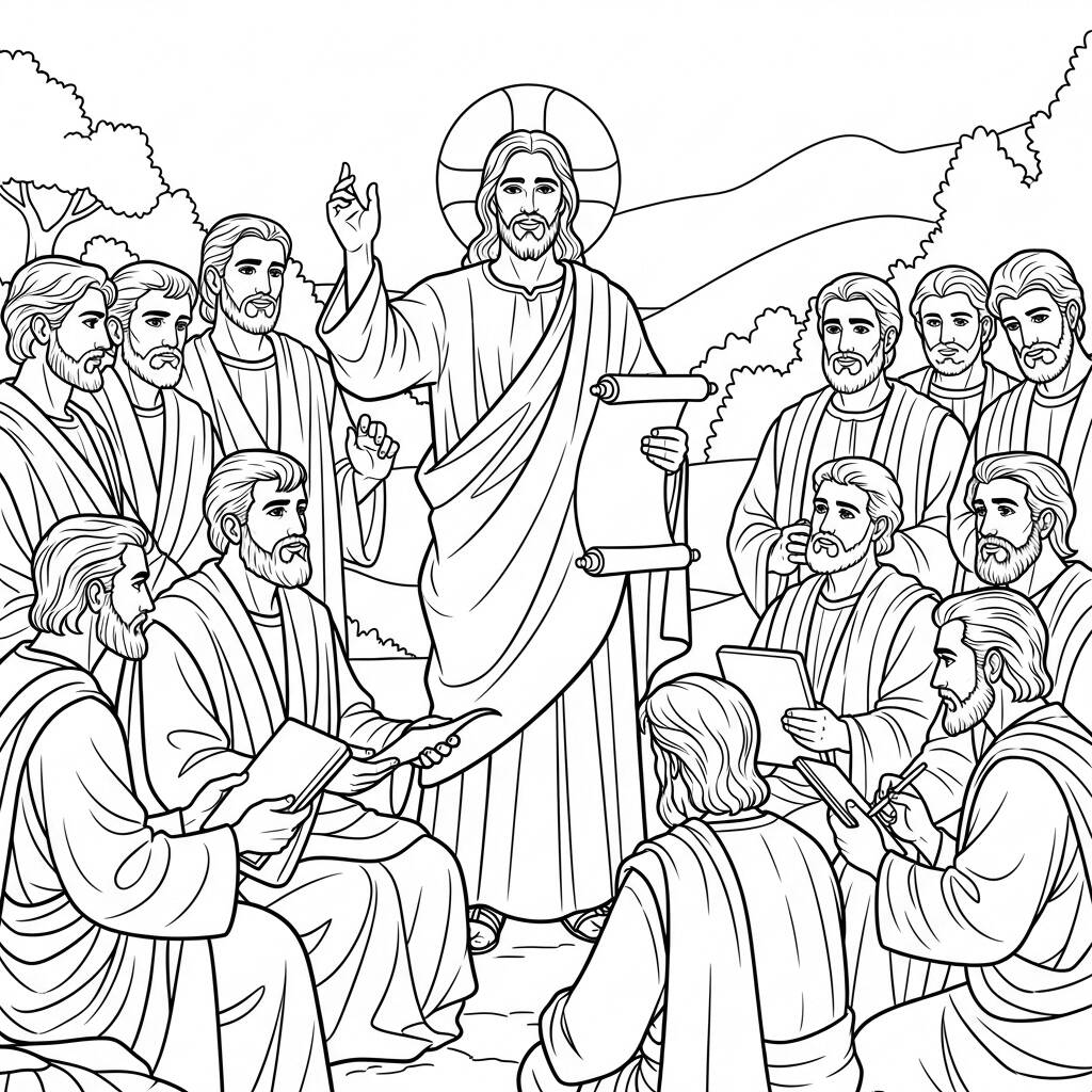 Jesús y los apóstoles (página para colorear)