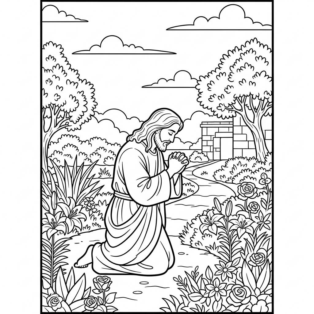 Jesús en oración (página para colorear)