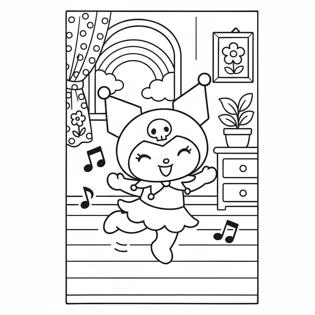 Kuromi Dançando na Sala Fofa (Desenho para Colorir)