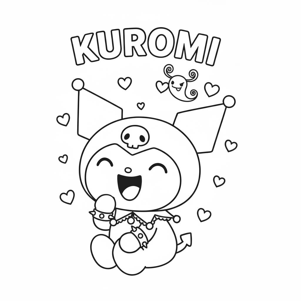Kuromi Fofinha com Corações (Desenho para Colorir)