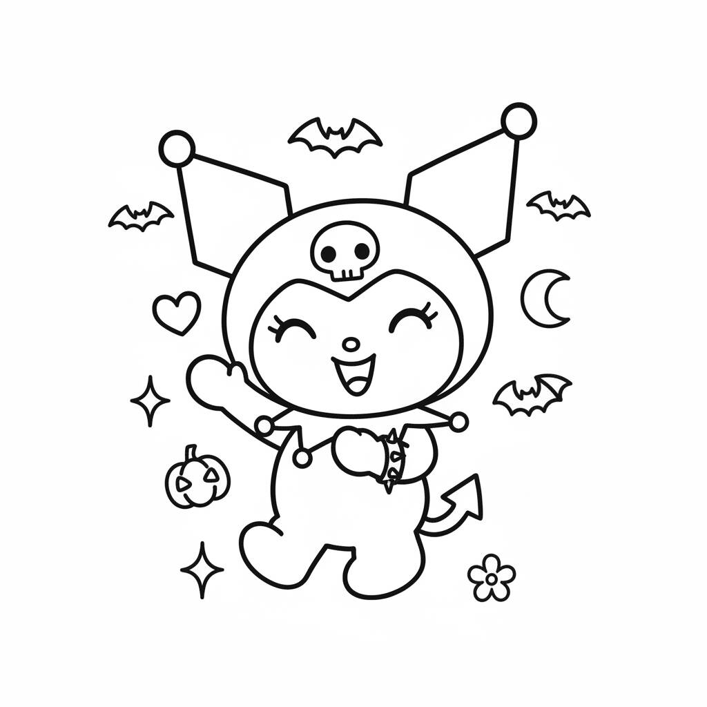 Kuromi divertida com morcegos (Desenho para Colorir)