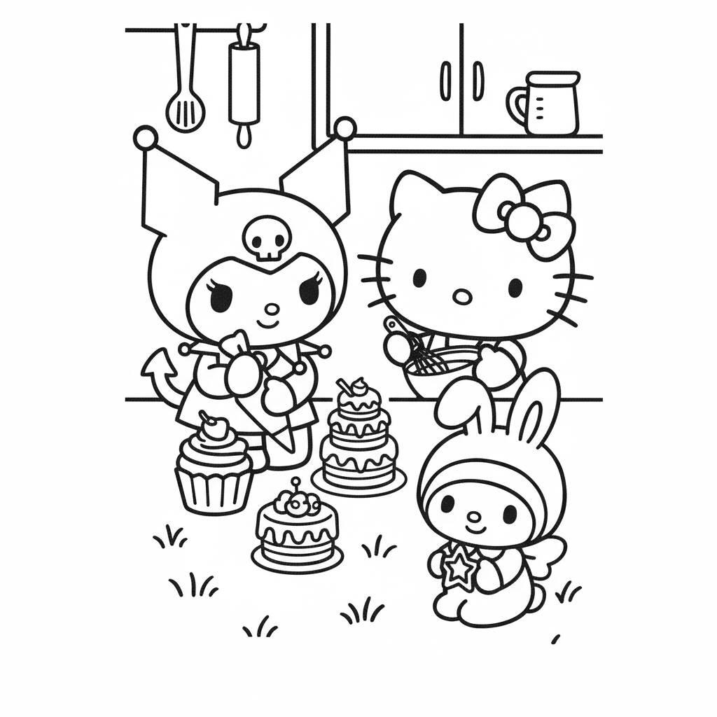 Kuromi e Hello Kitty na cozinha (Desenho para Colorir)