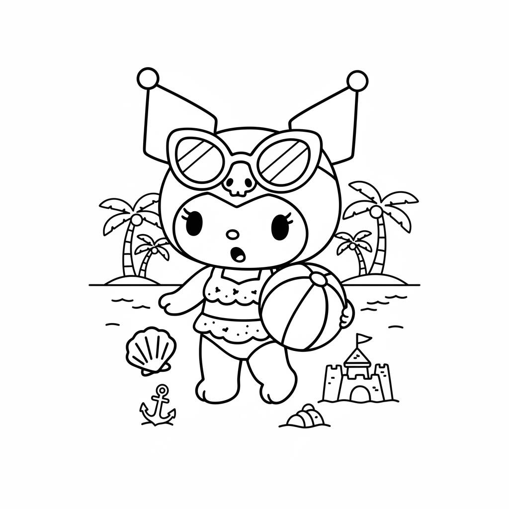 Kuromi na praia divertida (Desenho para Colorir)