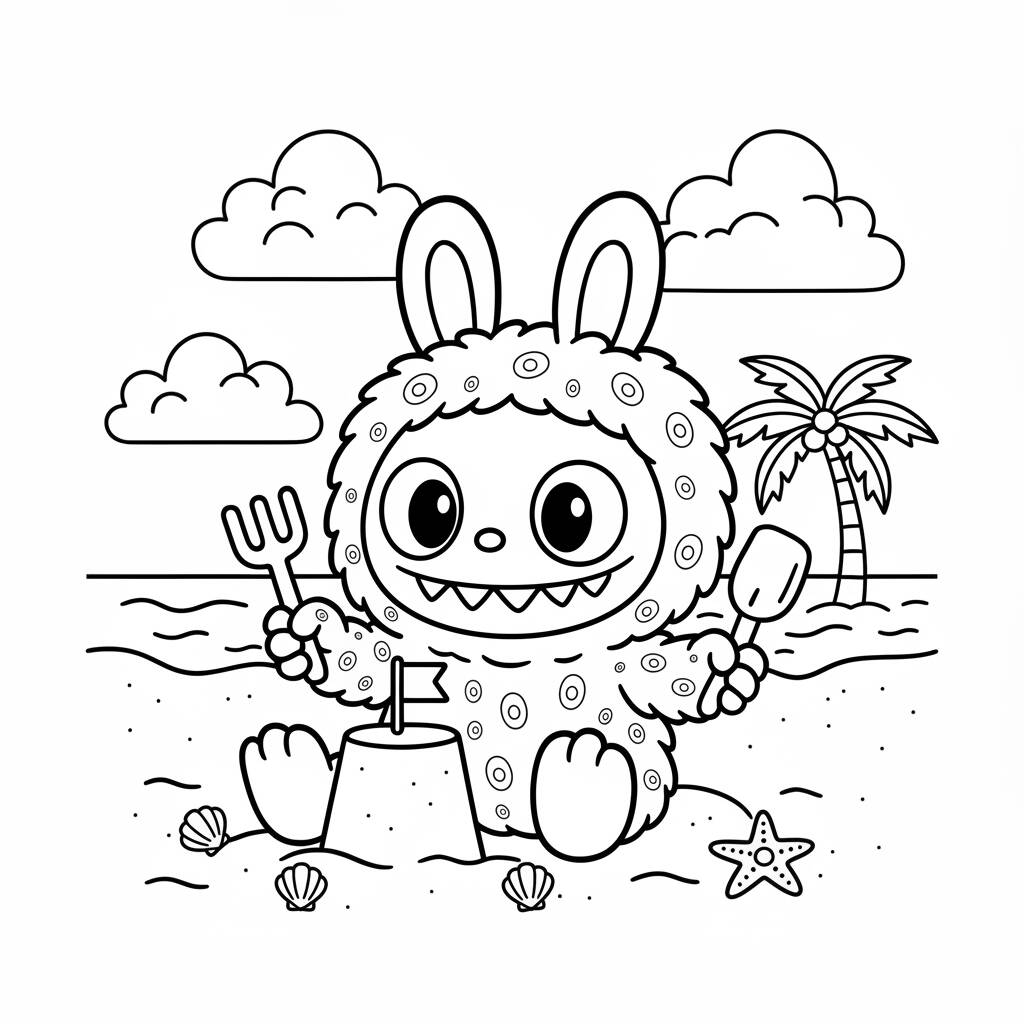 Labubu na praia construindo um castelo de areia para colorir