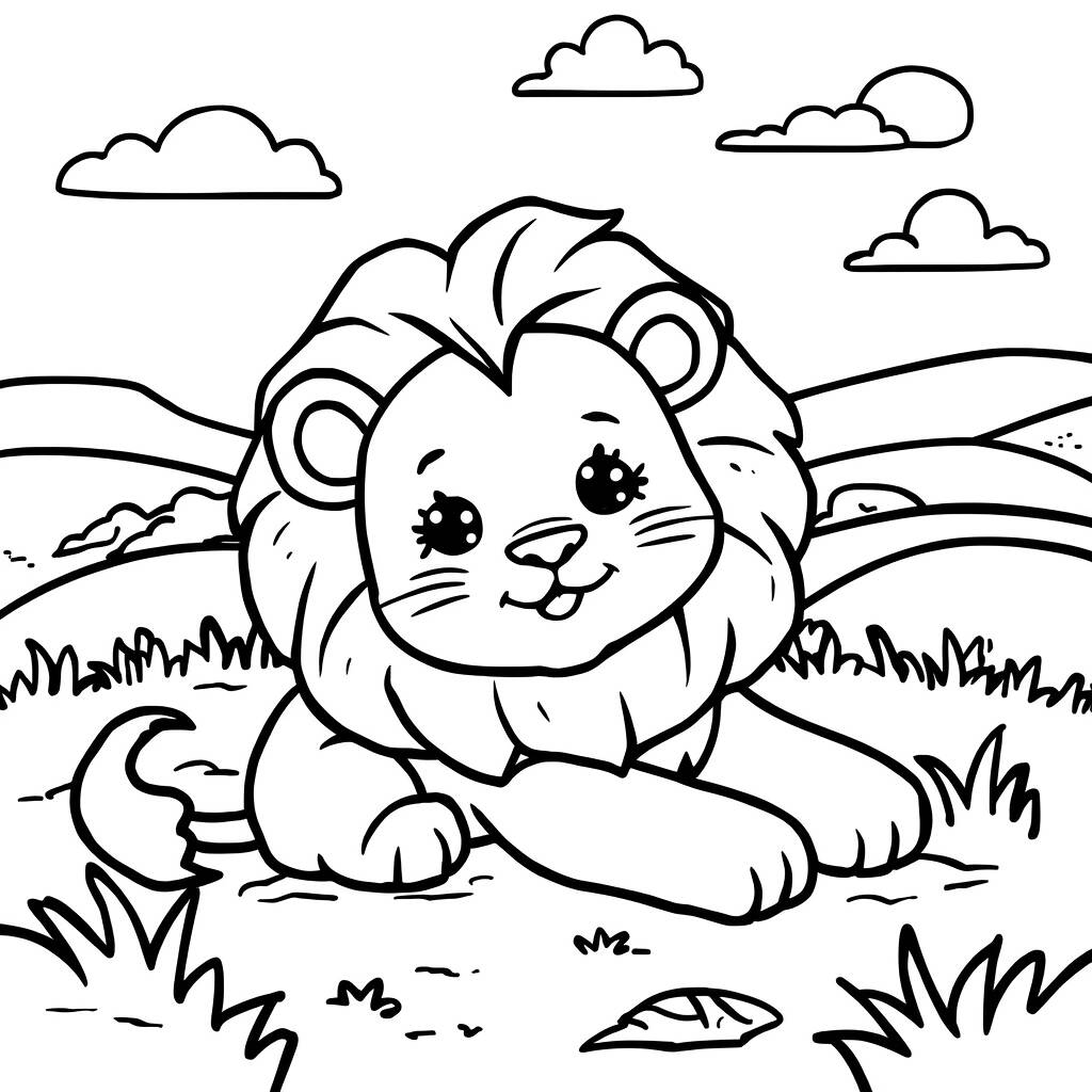 Leao Kawaii na Savana (Desenho para Colorir)
