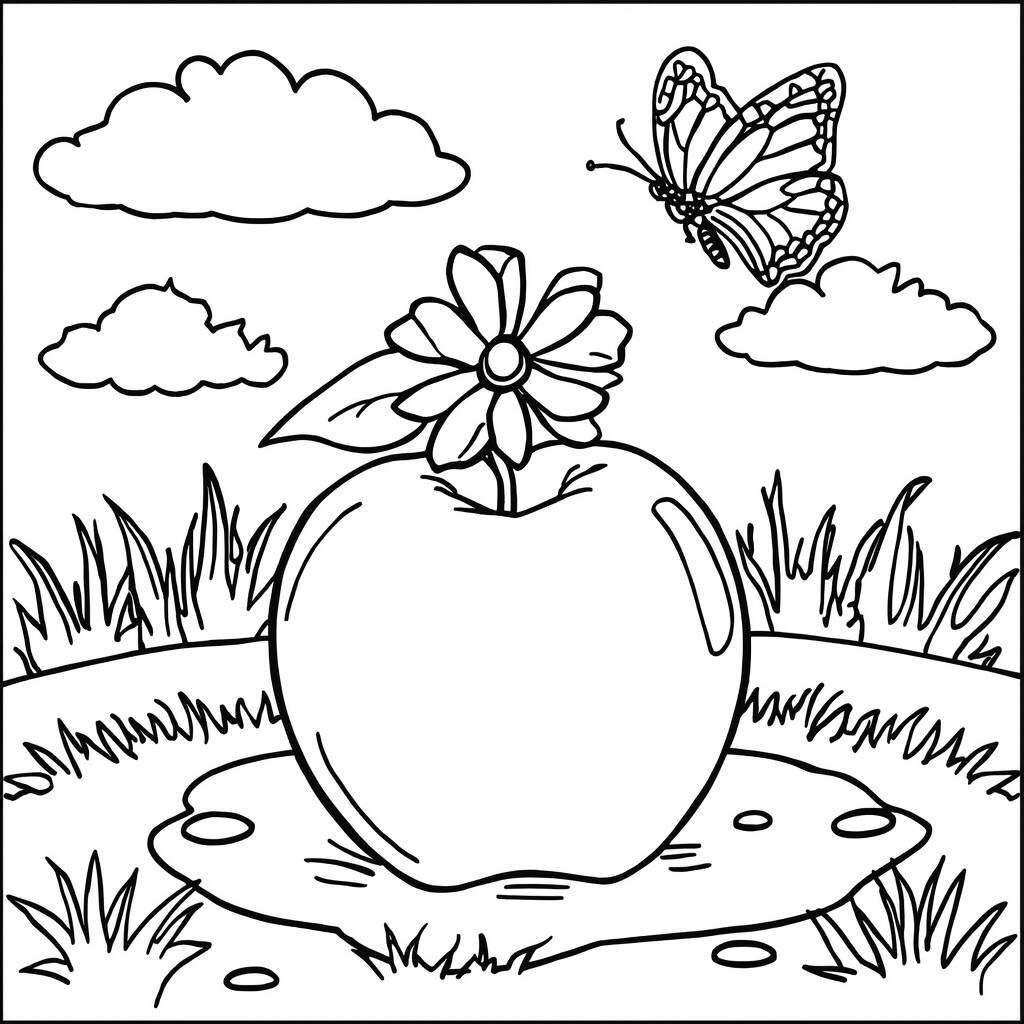 Maca com Flor e Borboleta (Desenho para Colorir)
