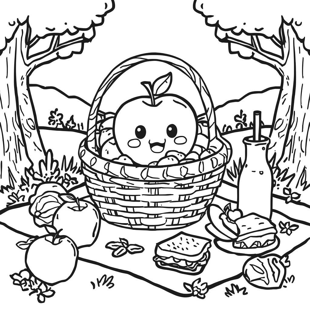 Maca e Cesta de Piquenique (Desenho para Colorir)