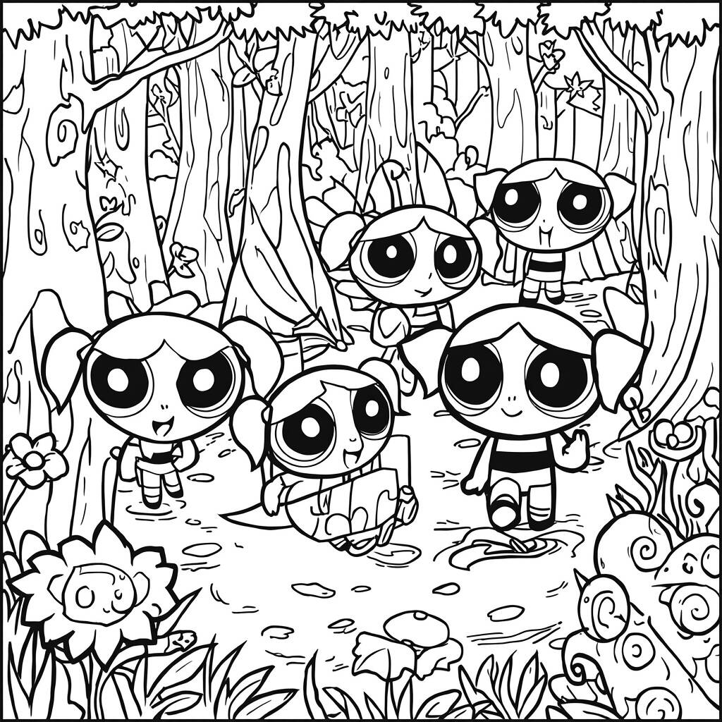 Meninas Superpoderosas em Aventura (Desenho para Colorir)