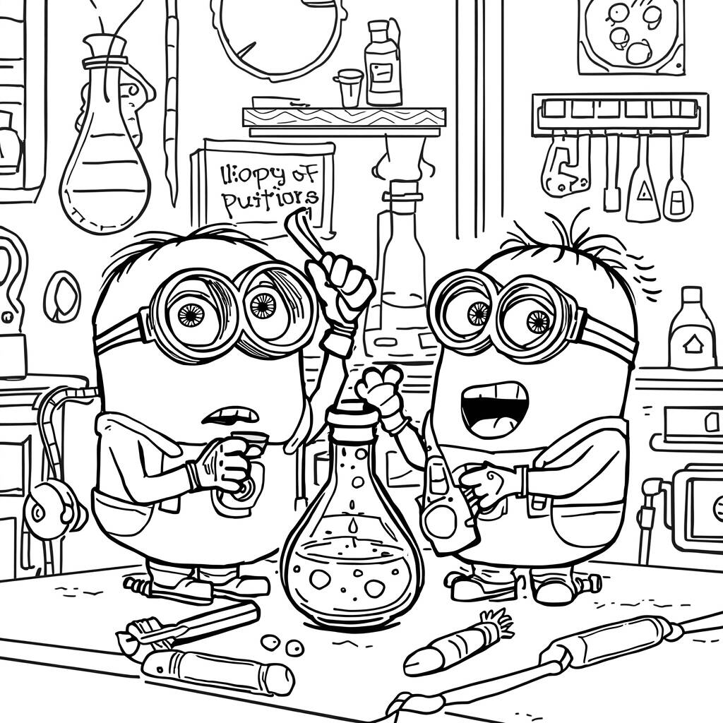 Minions fazendo Experimentos (Desenho para Colorir)