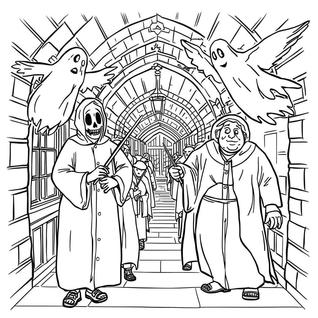 Os Fantasmas de Hogwarts (Desenho para Colorir)