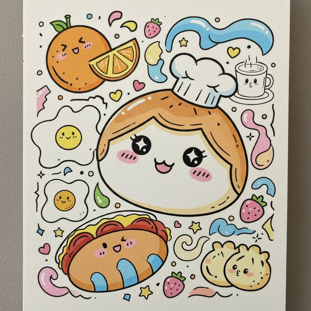 Página de colorir com ilustrações de comida fofa e personagens amigáveis
