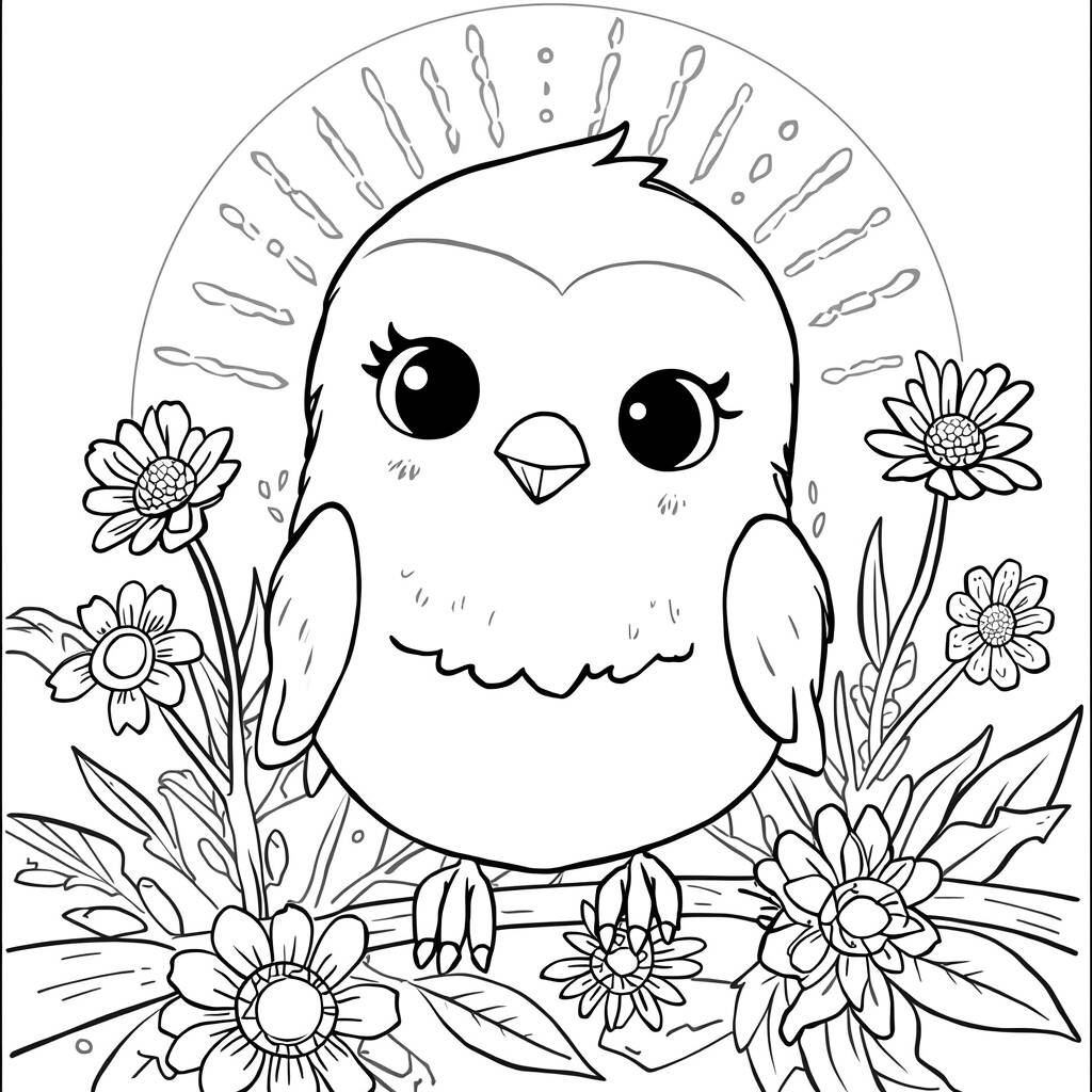 Passaro Kawaii Feliz (Desenho para Colorir)