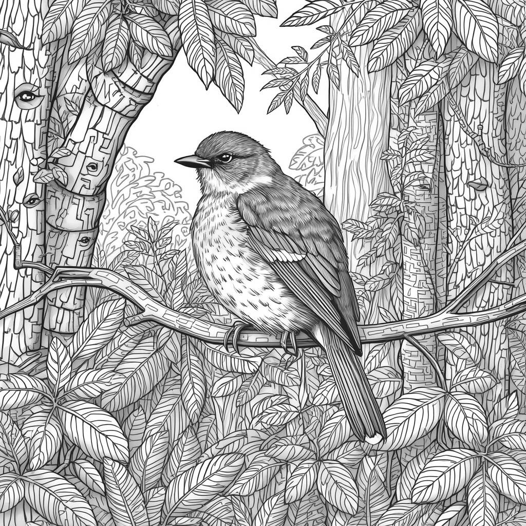 Passaro na Floresta (Desenho para Colorir)