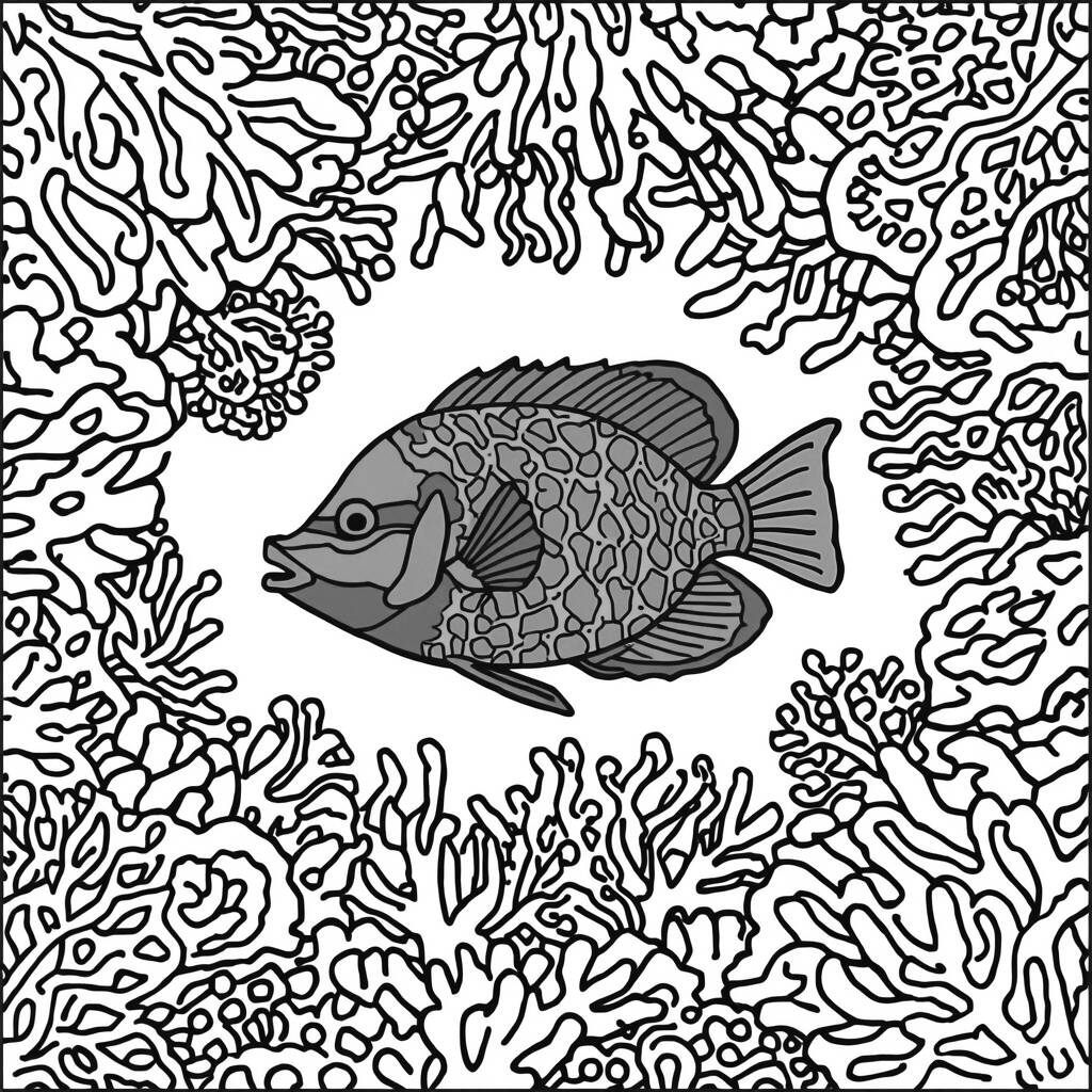 Peixe e Corais Coloridos (Desenho para Colorir)