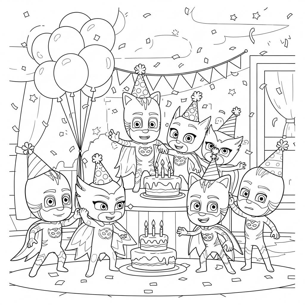 Pj Masks Festa de Aniversario (Desenho para Colorir)