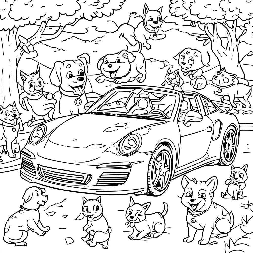 Porshe e Amigos Animais (Desenho para Colorir)