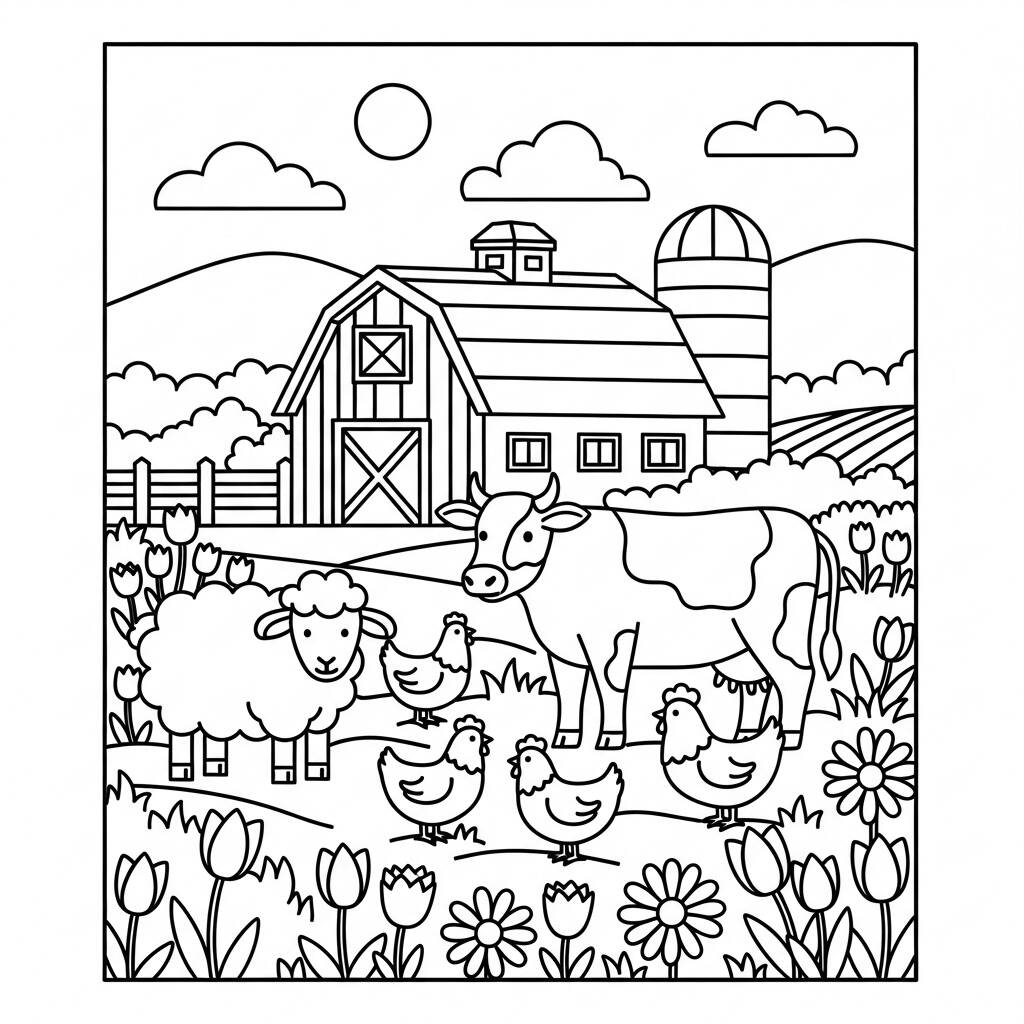 Primavera Animais da Fazenda (Desenho para Colorir)
