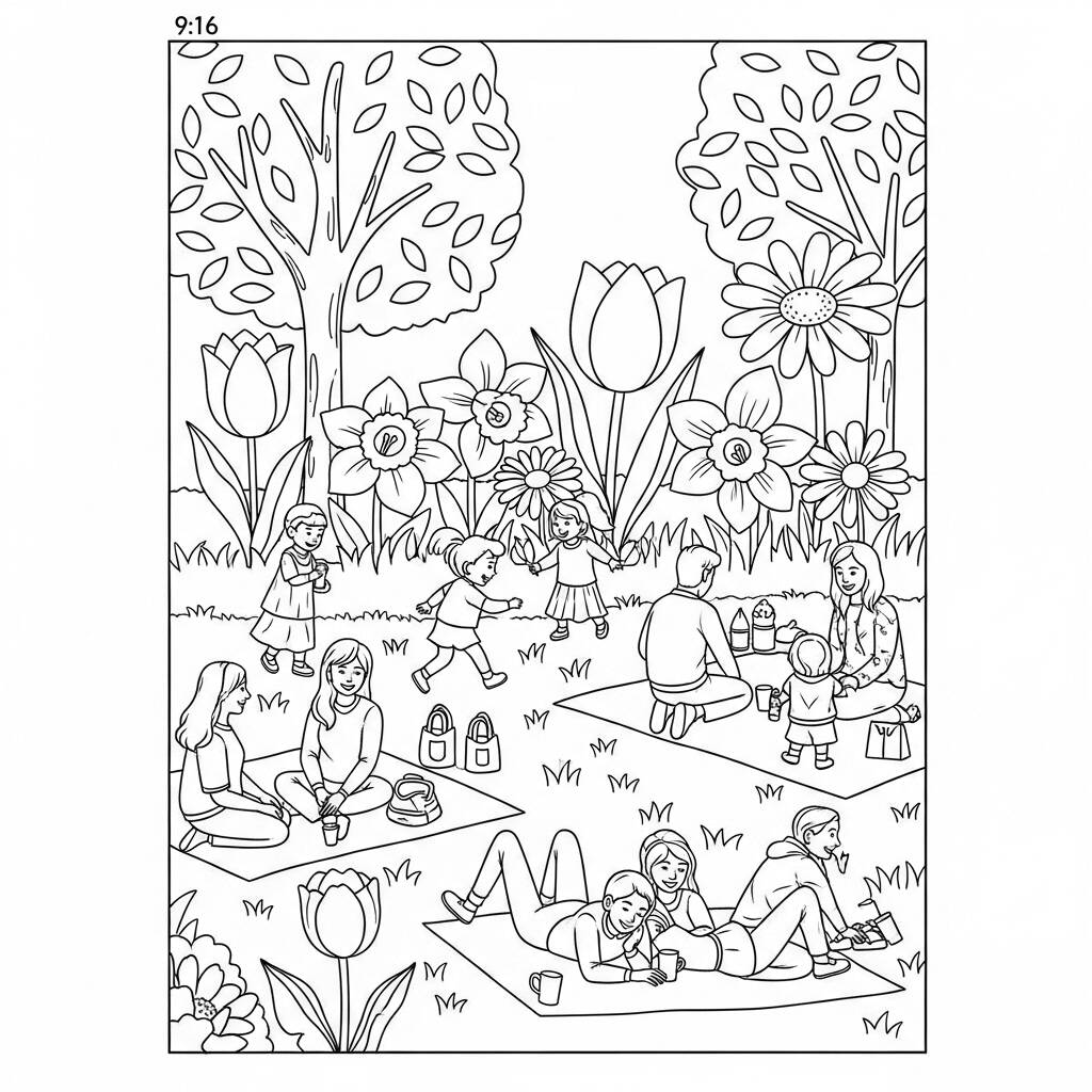 Primavera Relaxamento no Parque (Desenho para Colorir)