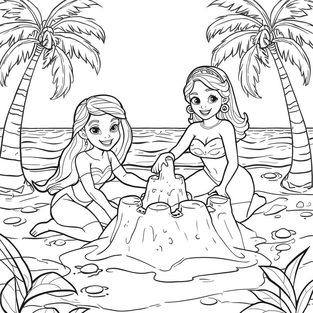 Disney Princesses Beach Day (Coloring Page)